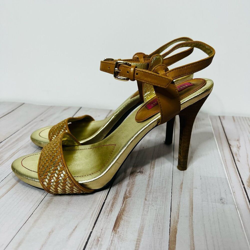 Isaac Mizrahi Isbelle Gold Tan Leather Woven Strap Heels